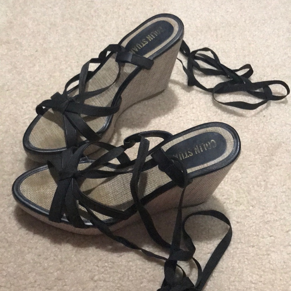 Colin Stuart Black ankle wrap wedges. Size 8.5